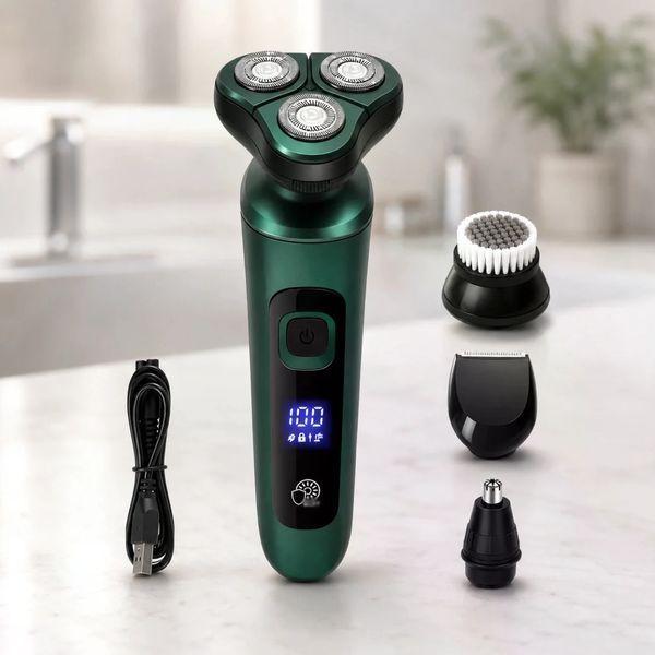 Електробритва 4 в 1 Shaver 9D зелена &bull; Чоловіча акумуляторна роторна бритва з тримером, насадкою для носа, щіткою для обличчя та LCD-дисплеєм 58621 фото