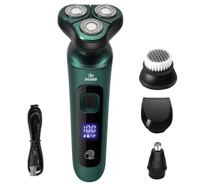 Електробритва 4 в 1 Shaver 9D зелена &bull; Чоловіча акумуляторна роторна бритва з тримером, насадкою для носа, щіткою для обличчя та LCD-дисплеєм 58621 фото